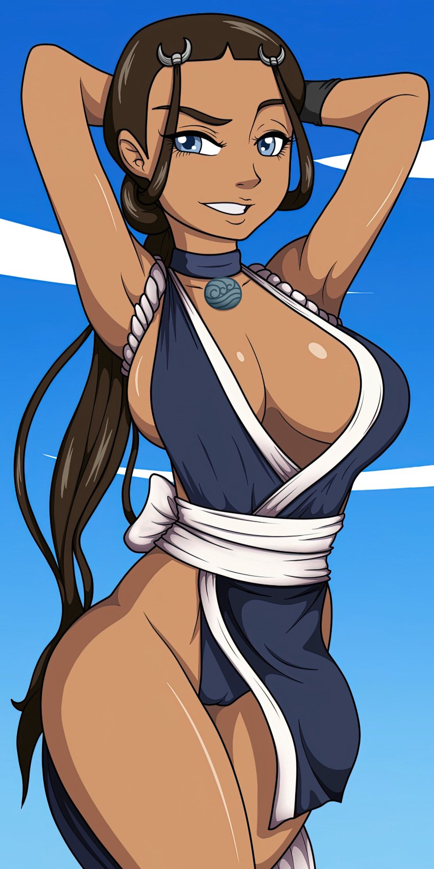 1girls alternate_version_at_source alternative_color armpit_pose armpits arms_behind_head arms_up avatar_the_last_airbender bare_arms bare_legs black_wrist_cuffs blue_dress blue_eyes blue_necklace blue_sky_background breasts brown_hair cameltoe cleavage cosplay cowboy_shot cropped dark-skinned_female dark_skin drake_rex dress female female_only full_cleavage gradient gradient_background hair_loop hairline half-closed_eyes high_resolution katara large_breasts large_forehead legs long_hair long_ponytail looking_at_viewer low_ponytail mai_shiranui_(cosplay) no_watermark parted_lips pelvic_curtain_aside ponytail pose posing presenting_armpit raised_eyebrow recolor samson_00 sexy_armpits shimenawa sideboob sidelocks sleeveless sleeveless_dress smaller_version_at_source smile smiling_at_viewer smooth_armpits solo thick_thighs thighs third-party_edit tied_hair topaz_a.i._gigapixel traditional_clothes upscaled very_high_resolution waist_sash white_sash white_trim