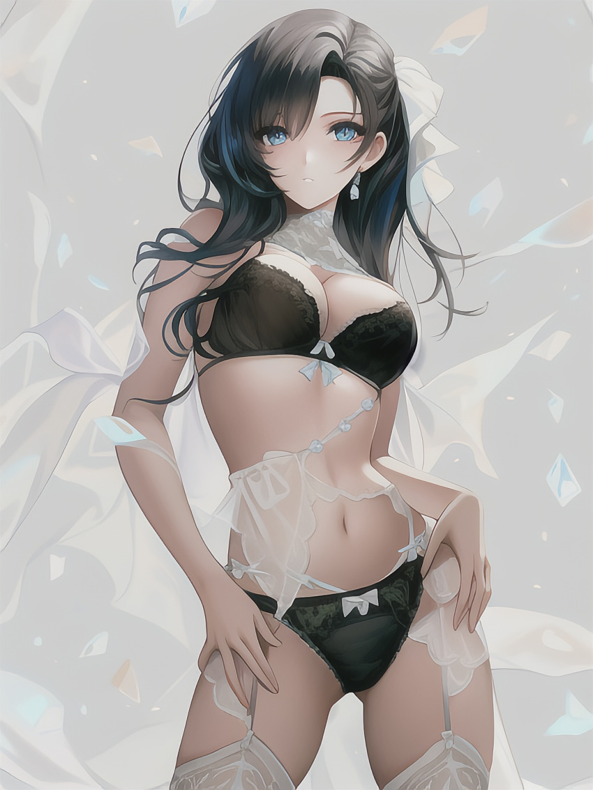 ai_generated black_hair black_lingerie black_panties black_underwear blue_eyes cute cute_female earrings female female_focus female_only lingerie panties stable_diffusion underwear wedding wedding_dress wedding_lingerie wedding_night