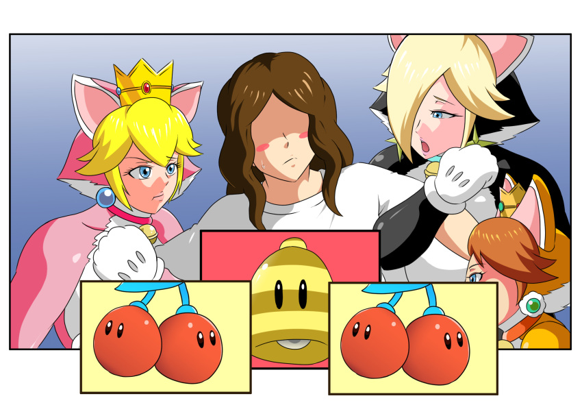 1boy 3girls alternate_breast_size bell big_breasts blonde_hair blue_eyes breasts brown_hair cat_costume cat_daisy cat_ears cat_paws cat_peach cat_print cat_rosalina cat_suit cleavage collar crown double_cherry earrings fighting_over_boy grabbing grabbing_arm hair_over_one_eye large_breasts lips lipstick long_hair long_hair_male mario_(series) multiple_girls nintendo platinum_blonde_hair pout princess princess_daisy princess_peach princess_rosalina super_bell super_mario_3d_world super_mario_bros. thick tonsuke