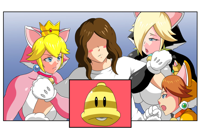 1boy 3girls alternate_breast_size bell big_breasts blonde_hair blue_eyes breasts brown_hair cat_costume cat_daisy cat_ears cat_paws cat_peach cat_print cat_rosalina cat_suit cleavage collar crown earrings fighting_over_boy grabbing grabbing_arm hair_over_one_eye large_breasts lips lipstick long_hair long_hair_male mario_(series) multiple_girls nintendo platinum_blonde_hair pout princess princess_daisy princess_peach princess_rosalina super_bell super_mario_3d_world super_mario_bros. thick tonsuke