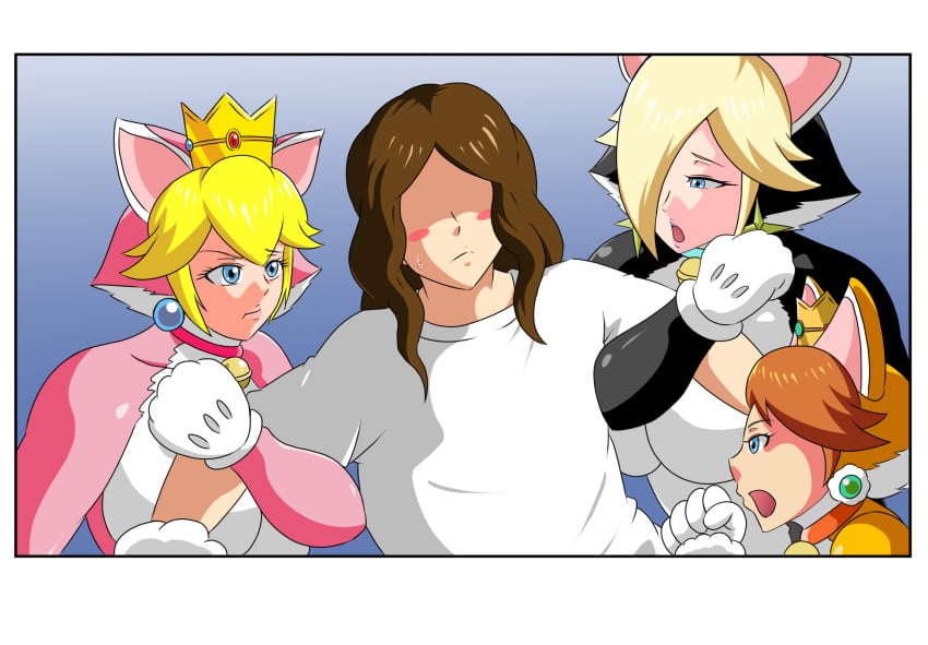 1boy 3girls alternate_breast_size bell big_breasts blonde_hair blue_eyes breasts brown_hair cat_costume cat_daisy cat_ears cat_paws cat_peach cat_print cat_rosalina cat_suit cleavage collar crown earrings fighting_over_boy grabbing grabbing_arm hair_over_one_eye large_breasts lips lipstick long_hair long_hair_male mario_(series) multiple_girls nintendo platinum_blonde_hair pout princess princess_daisy princess_peach princess_rosalina super_mario_3d_world super_mario_bros. thick tonsuke