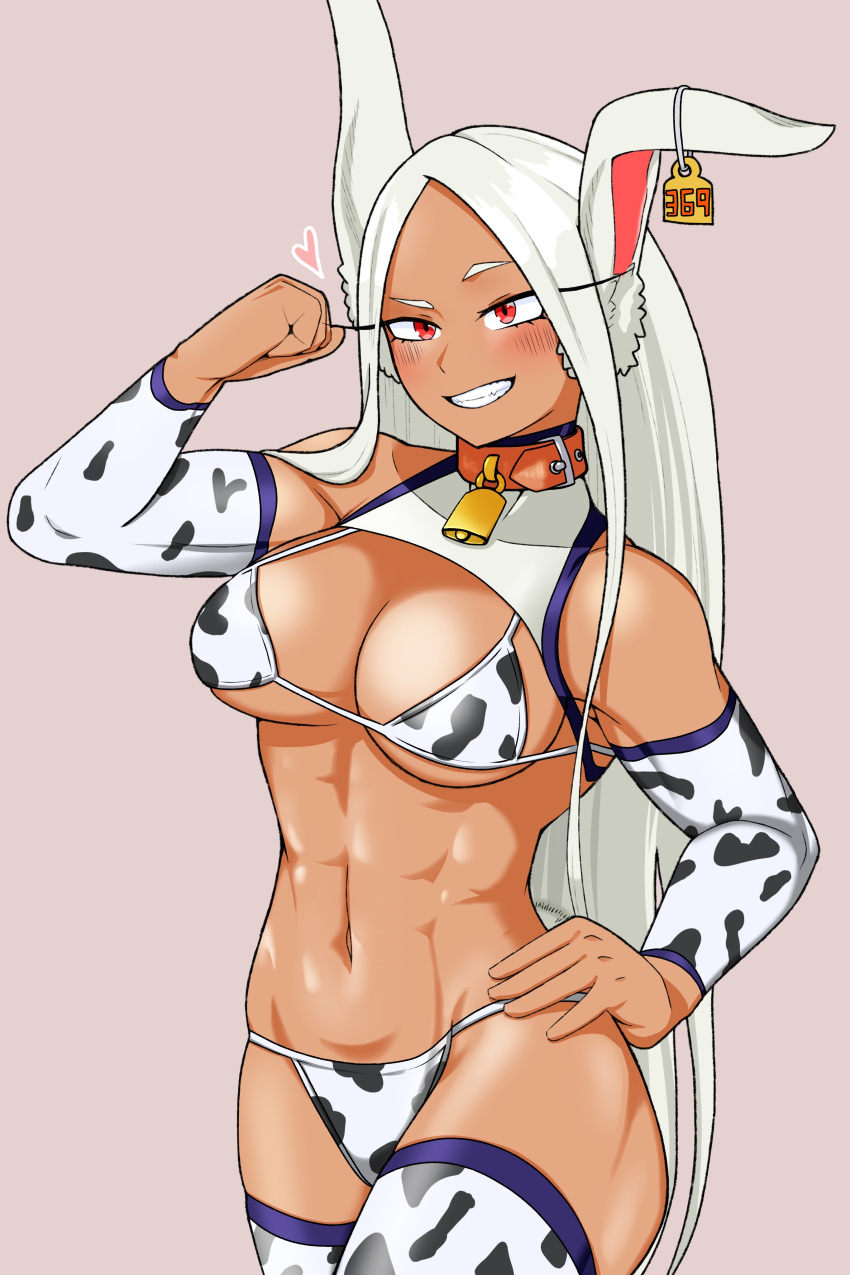 1girls absurdres animal_ears animal_print arm_up bangs bare_shoulders bell blush bra breasts cleavage clenched_hand collar cow_print cowbell dark-skinned_female dark_skin detached_sleeves ear_tag female grey_background hand_on_hip heart highres large_breasts long_eyelashes long_hair miruko my_hero_academia navel panties parted_bangs print_bra print_panties print_sleeves rabbit_ears rabbit_girl raised_eyebrow red_collar red_eyes rumi_usagiyama ryuugu shounen_jump smile solo stomach teeth thighhighs thighs toned underboob underwear white_hair