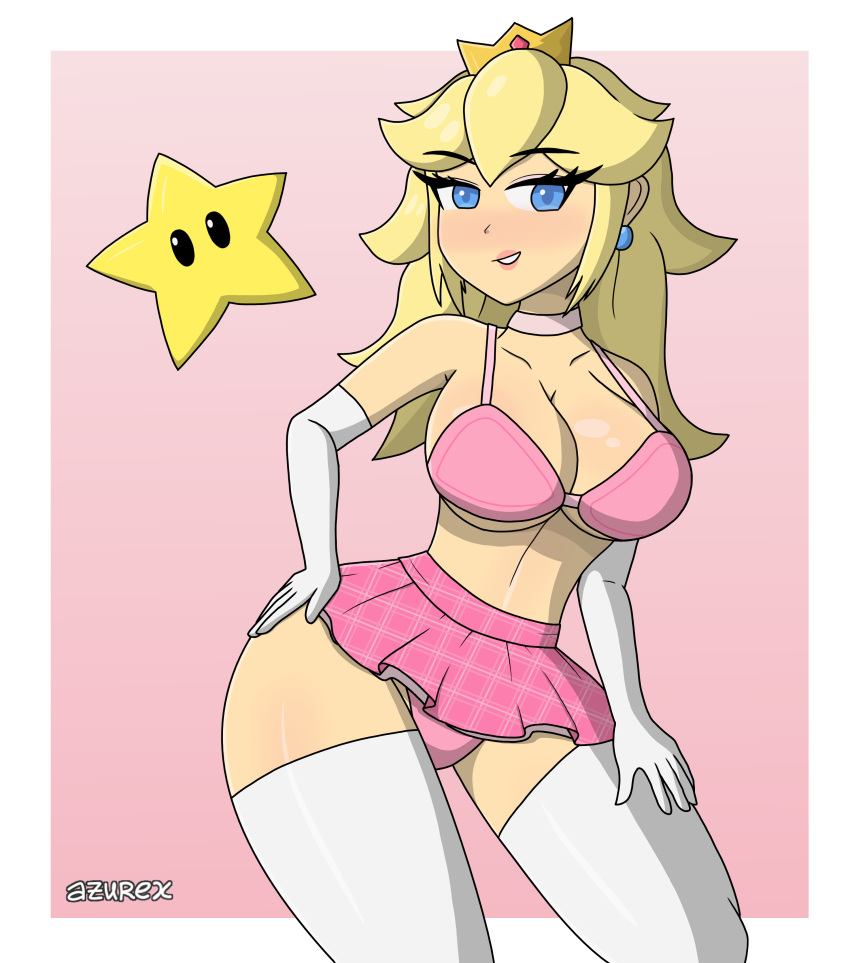 azurexarts bedroom_eyes bikini bra choker eyeliner female female_only gloves mario_(series) miniskirt nintendo princess_peach star super_mario_bros. thick_thighs thighhighs