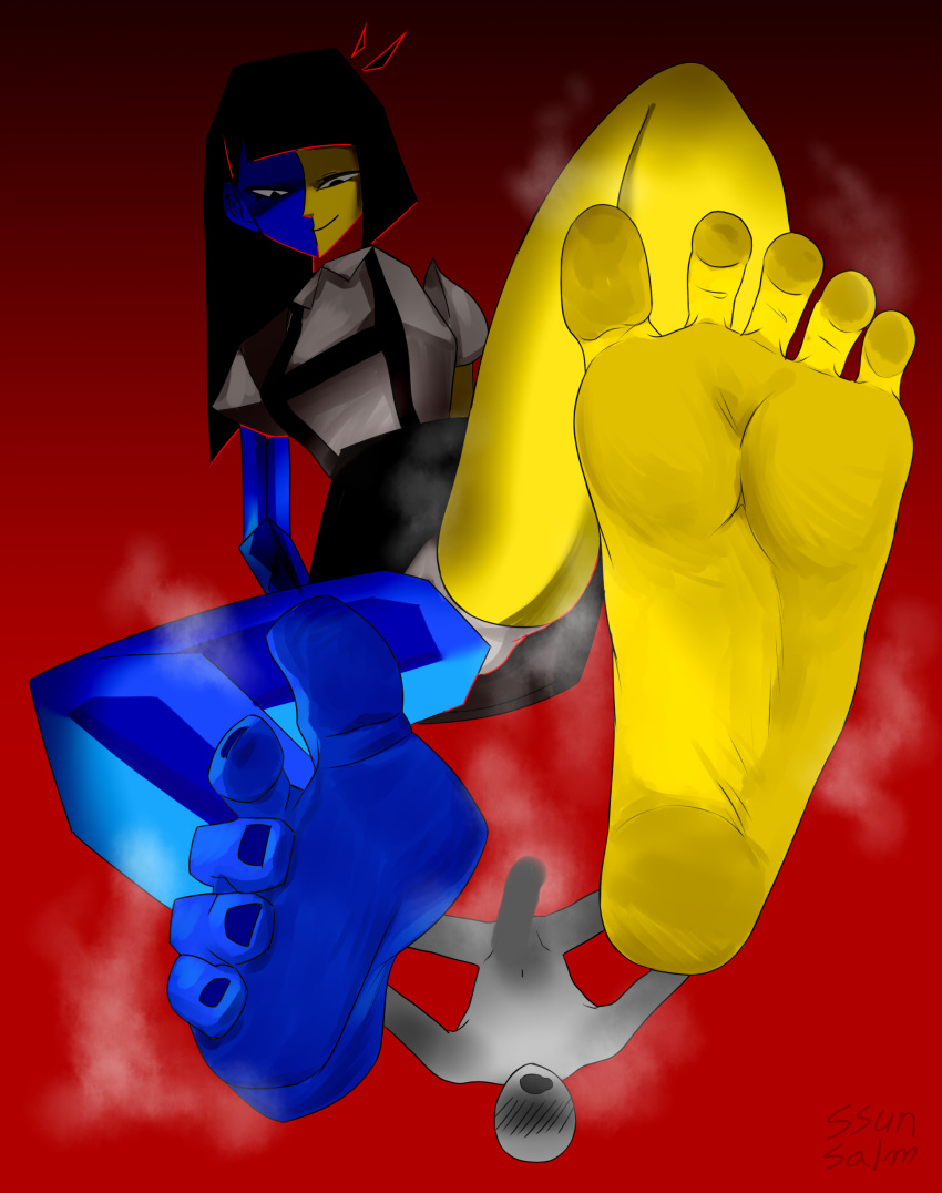 1boy 1girls anon barefoot boner dominant_female ena feet femdom foot_fetish giantess joel_g looming looming_over panties pantyshot pinned_down pov scary_face size_difference soles ssunsalm stinky_feet submissive_male sweat sweaty_feet toes