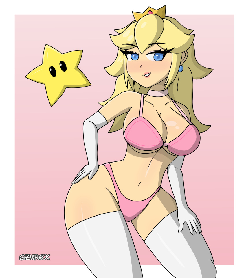 azurexarts bedroom_eyes bikini bra choker eyeliner female female_only gloves lingerie mario_(series) nintendo panties princess_peach socks star stockings super_mario_bros. thick_thighs thighhighs