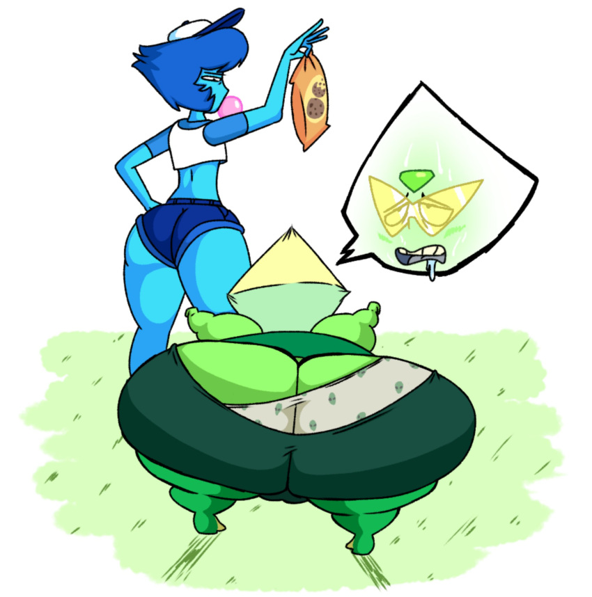 2021 2d 2girls ass ass_cleavage baseball_cap baseball_uniform big_ass blue-skinned_female blue_skin bubble_gum butt_crack cartoon_network drooling fat female gem_(species) green-skinned_female green_skin lapis_lazuli_(bob) lapis_lazuli_(steven_universe) mrwastemaster obese panties peridot_(steven_universe) short_shorts shortstack slob solid_color_background steven_universe tagme