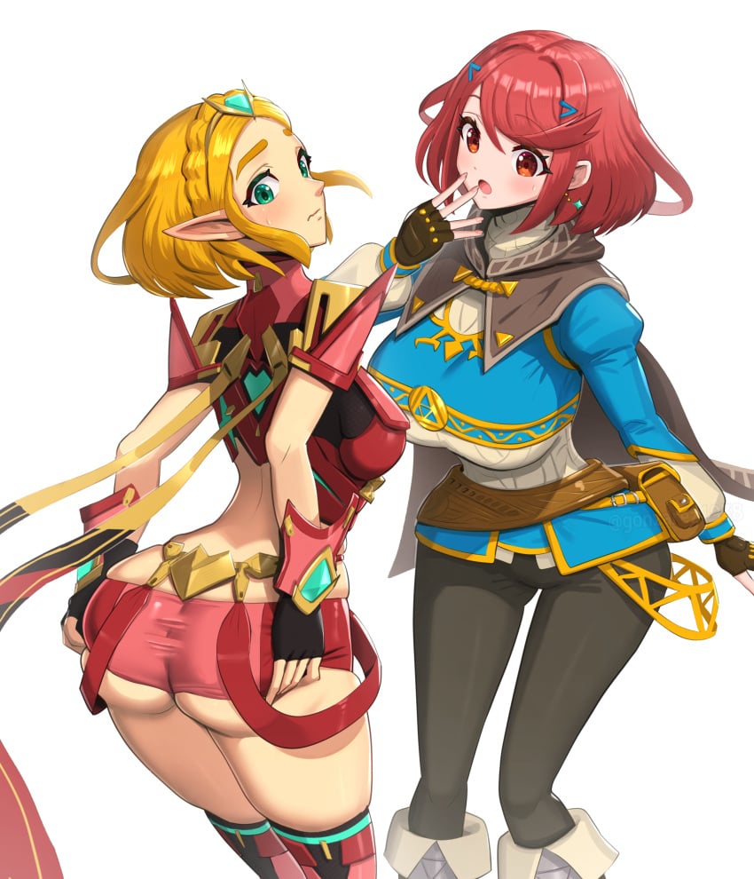 2girls ass bangs blonde_hair blush booty_shorts breasts bubble_butt clothed costume_switch embarrassed female female_only gonzarez green_eyes high_resolution huge_ass huge_breasts hylian light-skinned_female light_skin long_ears nintendo outfit_swap pointy_ears princess_zelda princess_zelda_(cosplay) pyra_(xenoblade) pyra_(xenoblade)_(cosplay) red_eyes red_hair short_hair short_shorts shorts swept_bangs tears_of_the_kingdom the_legend_of_zelda white_background xenoblade_(series) xenoblade_chronicles_2 zelda_(tears_of_the_kingdom)