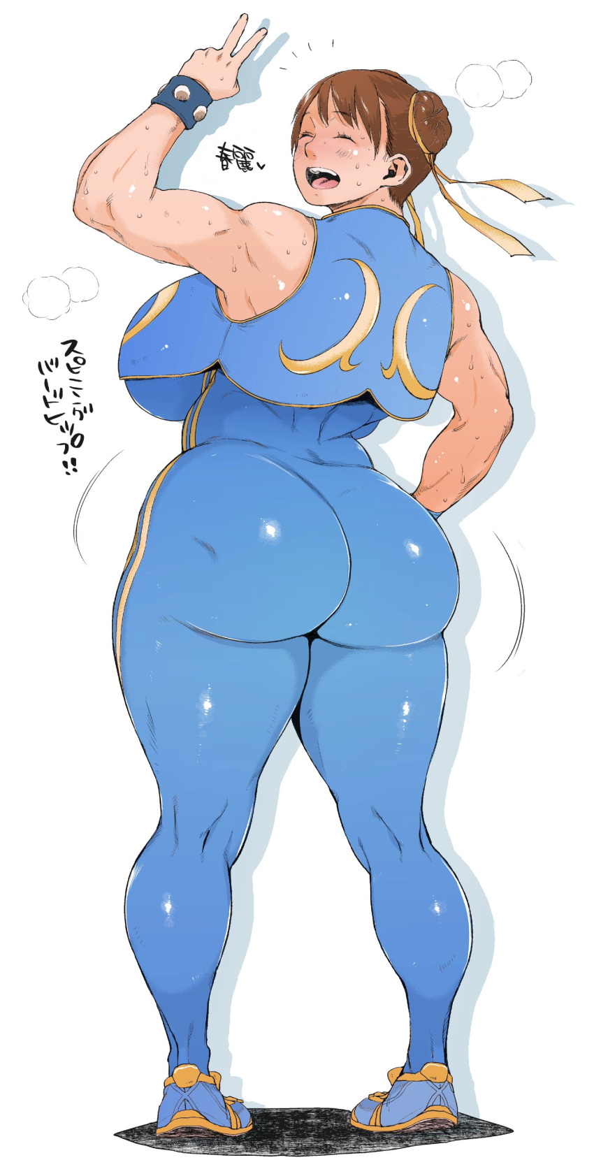 1girls big_ass big_breasts breasts bubble_ass bubble_butt bun_hair chun-li closed_eyes clothed clothing cute dat_ass female female_only fully_clothed looking_at_viewer muronaga_chaashuu peace_sign solo street_fighter street_fighter_6 sweat sweating sweaty thick thick_ass thick_thighs thighs white_background