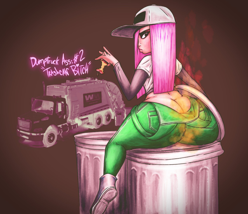 1girls 2021 ass_cleavage butt_crack cap english_text fart female green_overalls hair_over_one_eye looking_at_viewer looking_back mrwastemaster overalls pink_hair pout solo solo_female text trash_can