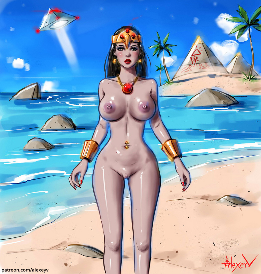 1girls blush bracelet brown_eyes egyptian headwear hourglass_figure large_breasts looking_at_viewer naked navel_piercing necklace nude nude_female priestess pussy pyramids shaved_pussy ufo