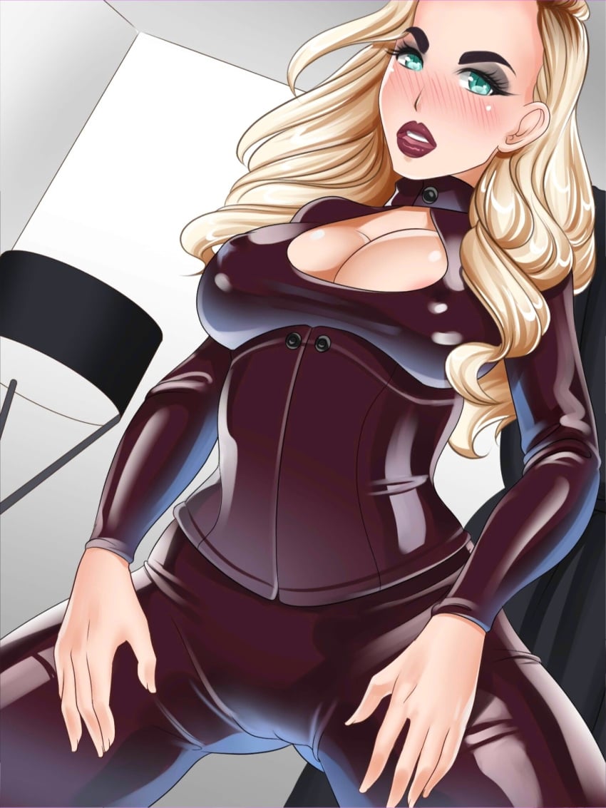 blonde_hair blue_eyes booty_calls latex lipstick lucy_(booty_calls) squatting_cowgirl_position