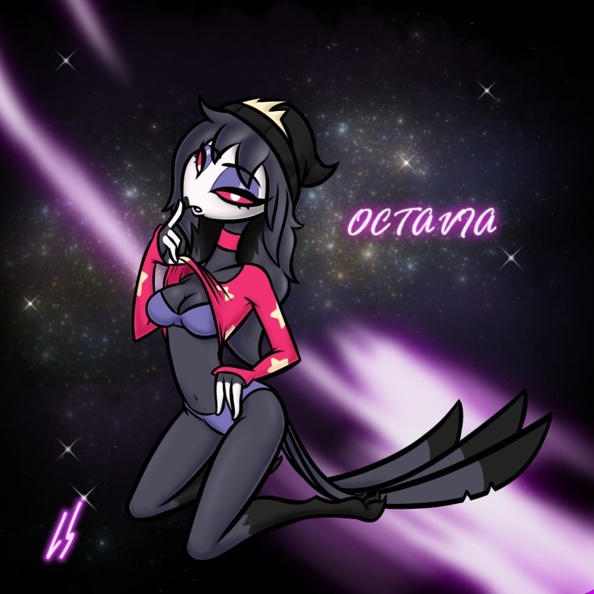 anthro avian bra character_name demon furry goth helluva_boss lord_sarloc octavia_(helluva_boss) owl_demon panties purple_bra purple_panties red_eyes shirt_lift