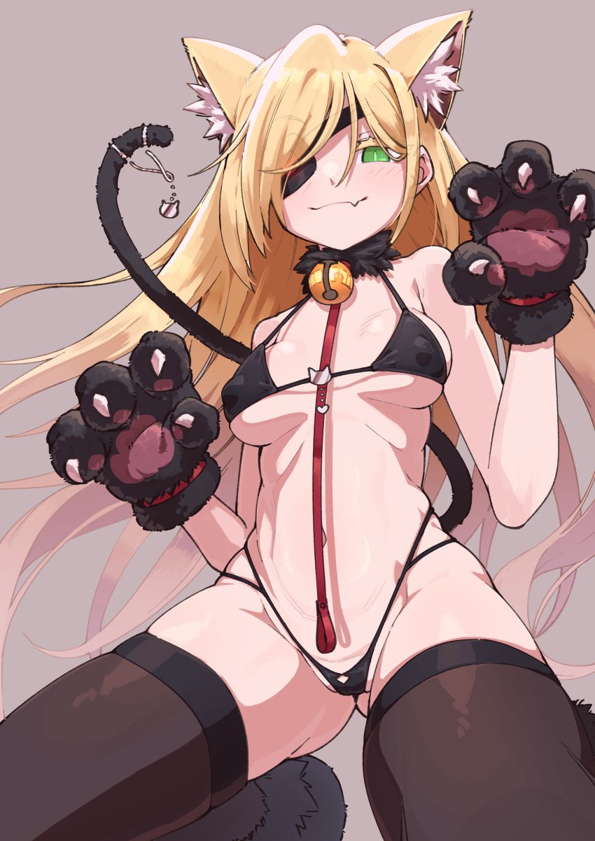 1girls 2023 absurd_res animal_ear_fluff animal_ears animal_hands ass_visible_through_thighs bell bell_collar bikini black_bikini black_thighhighs blonde_hair blush blush_lines breasts breasts_apart cat_ears cat_paws cat_tail catgirl collar covered_nipples cute_fang eye_patch eyebrows_visible_through_hair eyepatch female female_focus female_only fur_collar gloves green_eyes hair_over_one_eye highleg highleg_bikini highres irokohaku kneeling leash leash_and_collar leash_between_breasts light-skinned_female light_skin light_smile long_hair long_hair_female looking_at_viewer micro_bikini navel neck_bell nipple_outline othinus_(to_aru_majutsu_no_index) paw_gloves simple_background skin_fang stomach tail tail_ornament thighhighs to_aru_majutsu_no_index