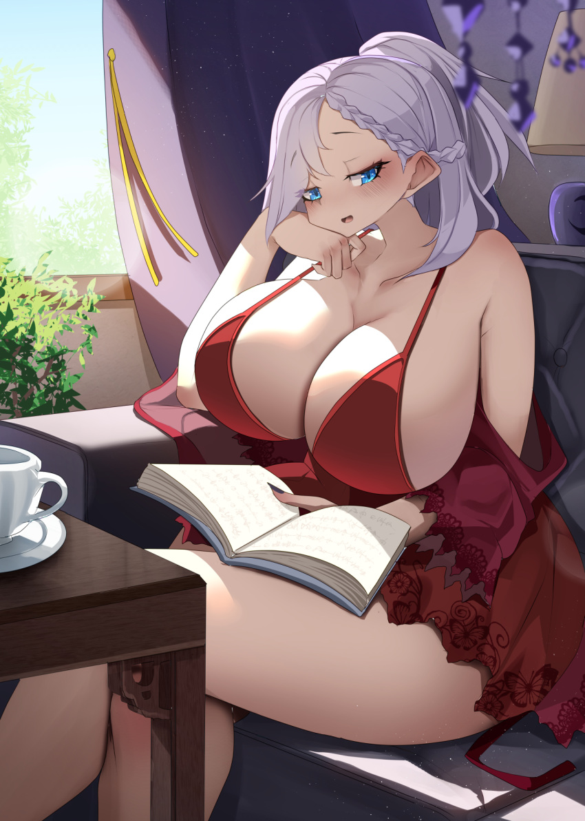 1girls blue_eyes breasts busty cleavage dress female high_resolution huge_breasts long_hair massive_breasts monobe monobe_yuri original original_character ponytail red_dress thick_thighs thighs white_hair wide_hips