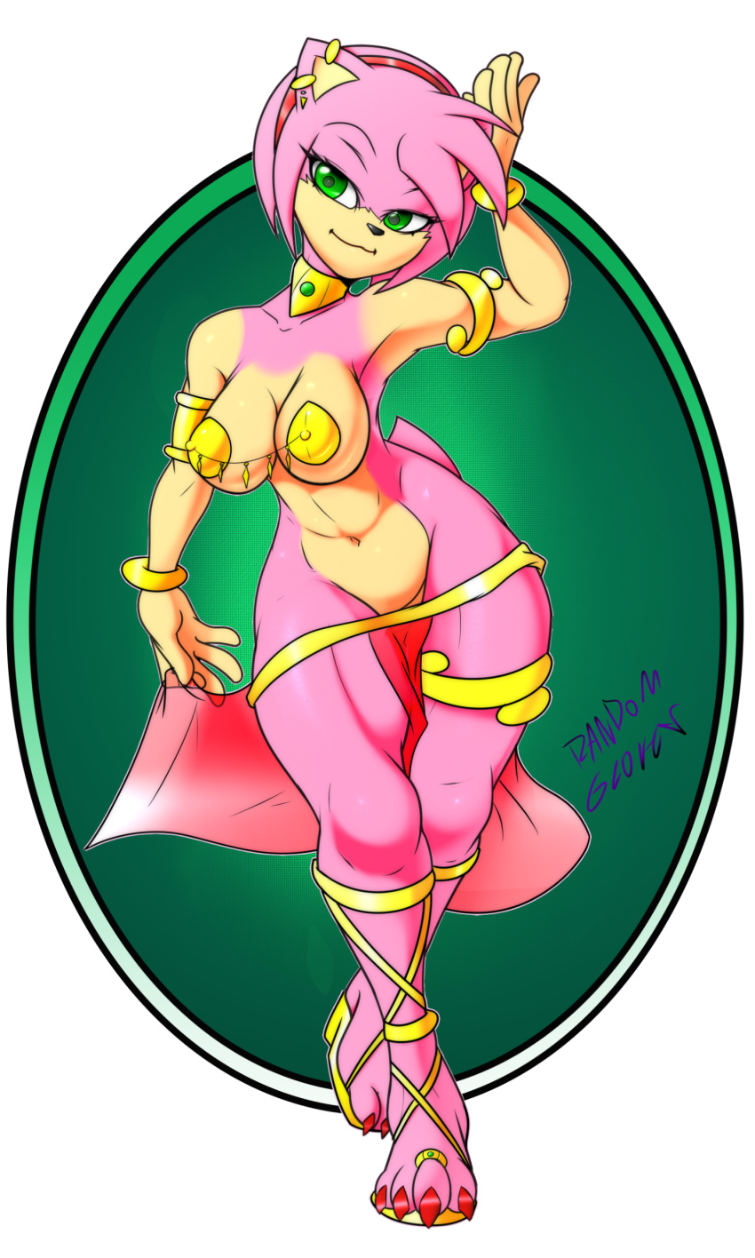 amy_rose anthro armlet armpits belly_dancer belly_dancer_outfit bracelet dancer dancer_outfit fit_female gold_pasties green_eyes harem_girl harem_outfit large_breasts loincloth pink_fur pink_hair randomgloves sega sonic_(series) sonic_the_hedgehog_(series) veil