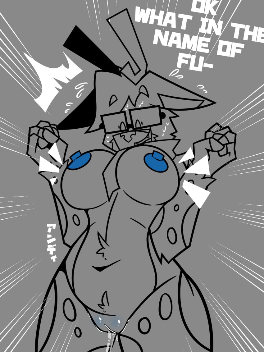 2023 5_fingers after_transformation anthro antlers belly_tuft big_breasts blue_nipples blue_pussy bodily_fluids breasts crotch_tuft cute_fangs deer dialogue english_text eyewear female fingers front_view genital_fluids genitals glasses grey_background greyscale hi_res horn huge_breasts mammal monochrome mtf_crossgender nervous nipples open_mouth profanity pussy pussy_juice raised_hand rule_63 scarf simple_background skweekers smile smirk solo spot_(skweekers) spot_color surprise sweat sweatdrop text thick_thighs tuft wide_hips