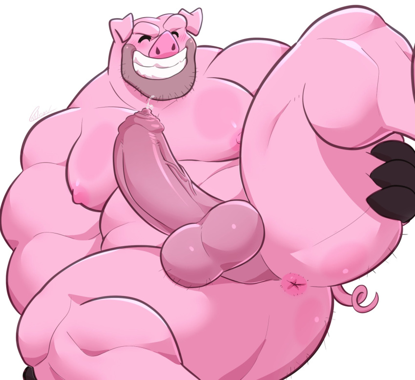 2023 anthro anus ass_up balls beard bodily_fluids body_hair butt_hair domestic_pig facial_hair genital_fluids genitals hi_res male male_only mammal masturbation moobs musclegut muscular muscular_anthro muscular_male nipples nude pecs penile penis pink_body precum same22shark smile solo suid suina sus_(pig) teeth