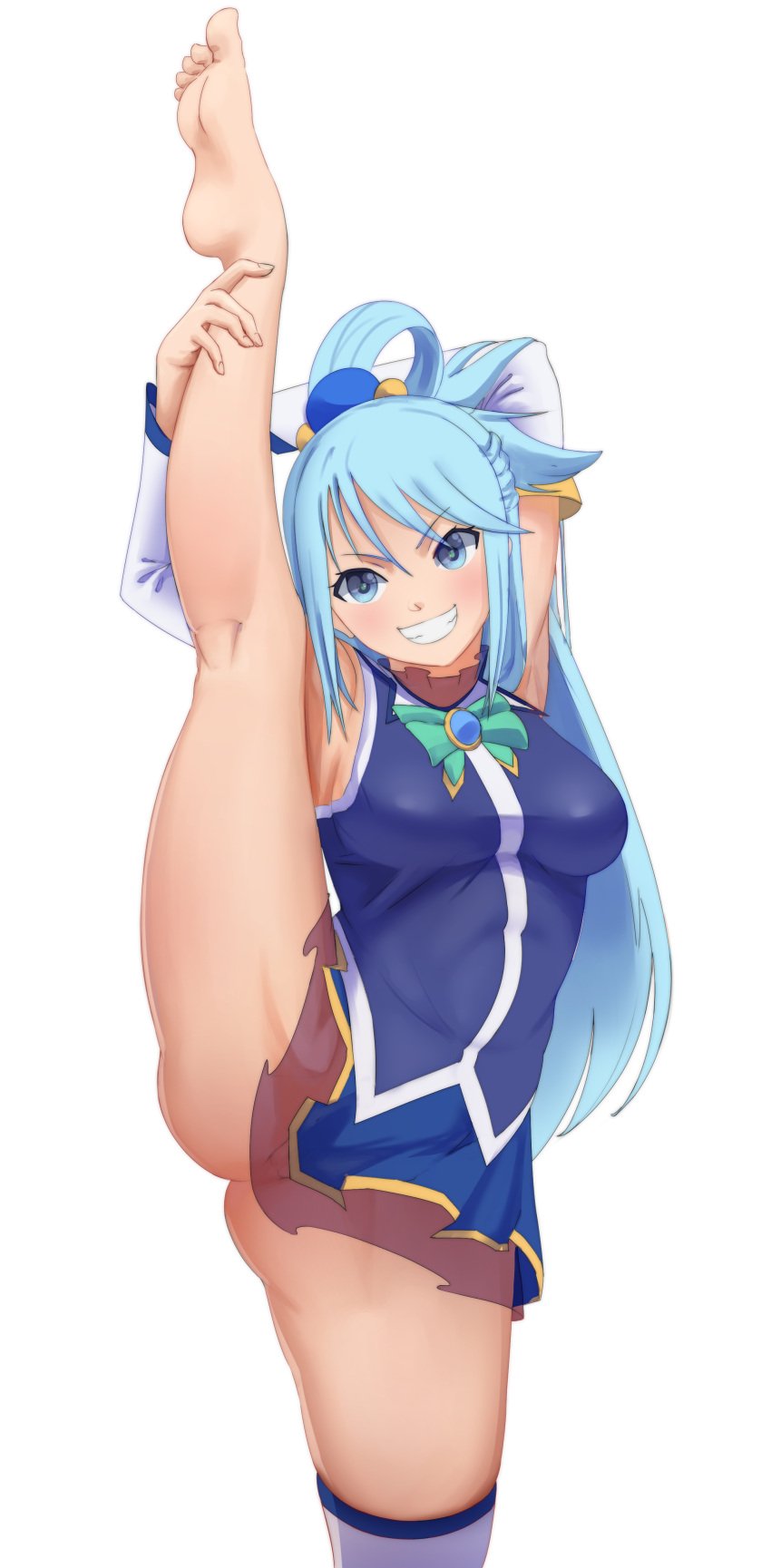 absurdres aqua_(konosuba) blue_eyes blue_gemstone blue_hair blue_shirt blue_skirt breasts censored detached_sleeves feet female gem grin hair_ornament highres hitagi_kujira kono_subarashii_sekai_ni_shukufuku_wo! large_breasts long_hair looking_at_viewer mosaic_censoring no_panties parted_lips pussy see-through shirt single_hair_ring single_thighhigh skirt sleeveless sleeveless_shirt smile soles solo split standing standing_on_one_leg standing_split thighhighs toes white_sleeves