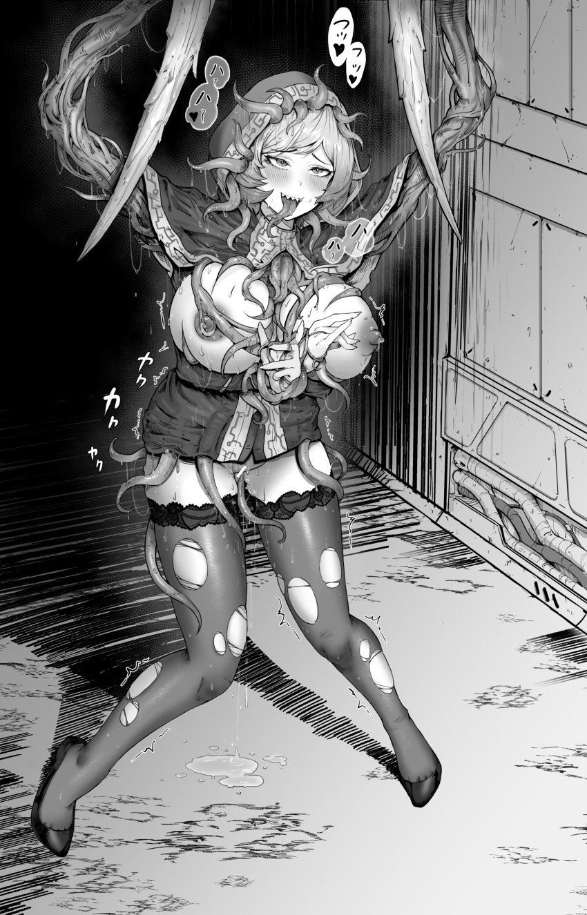 absurdres ahe_gao bangs blush breasts breasts_out chouzetsu_ero_don commentary dead_space female greyscale highres hood knees_together_feet_apart large_breasts monochrome monster_girl necromorph open_mouth parasite pussy_juice pussy_juice_puddle short_hair tentacle tentacle_clothes thighhighs tongue tongue_out torn_clothes torn_thighhighs