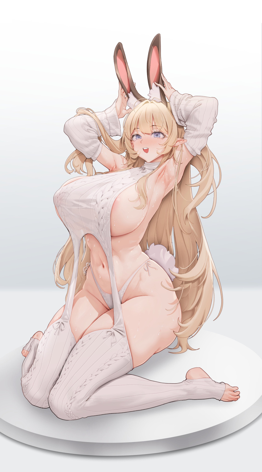 1girls 2023 :d absurdres animal_ears areola_slip armpits arms_up blonde_hair blue_eyes blush breasts detached_sleeves female grey_background highres large_breasts legs long_hair long_sleeves muloli navel no_shoes open_mouth original pointy_ears rabbit_ears rabbit_tail sideboob simple_background sitting smile solo stirrup_legwear stomach tail thighs toeless_legwear toes virgin_destroyer_sweater virgin_killer_sweater wariza