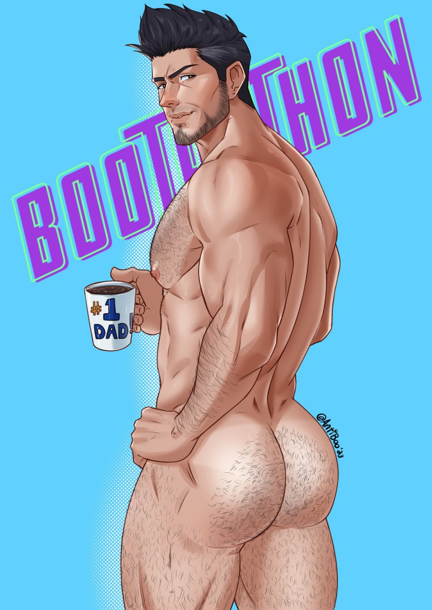 1boy antibooart ass ass_hair back back_muscles back_view bara beard black_hair bleach blue_background body_hair brown_eyes chest_hair coffee_mug dilf facial_hair hairy hairy_arms hairy_ass hairy_chest hairy_male hairy_thighs hand_on_hip holding_mug holding_object human human_only isshin_kurosaki looking_back male male_focus male_only mature mature_male mug muscles muscular muscular_male naked nipple nude nude_male pink_nipples sidepec solo solo_focus solo_male standing