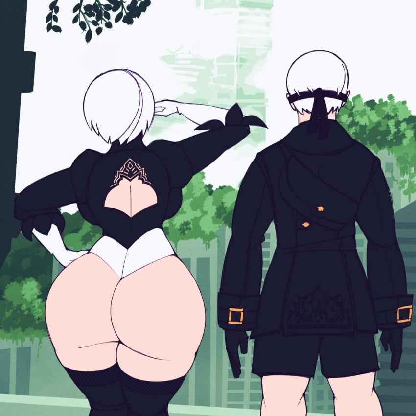 1boy 1girls android animated ass big_ass blindfold breasts bubble_butt cdlum clothed_male clothing curvy_female dat_ass fat_ass female huge_ass large_ass leotard male nier nier:_automata nier_(series) robot robot_girl shorts thick_ass thick_thighs thighhighs thong thong_leotard wide_hips yorha_2b yorha_9s