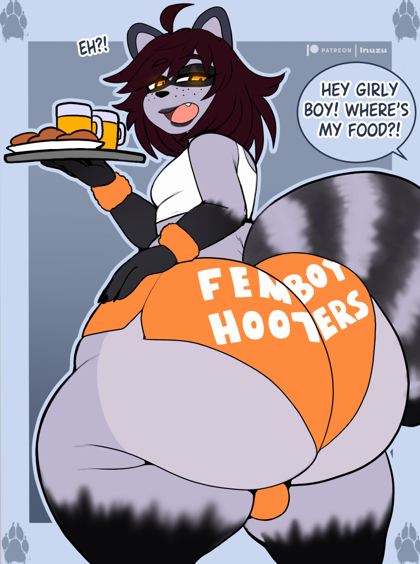 1boy anthro ass big_ass clothing commission dialogue fat_ass femboy femboy_hooters girly hiro_(umbra94) huge_ass inuzu large_ass looking_back male male_only shirt shorts solo text text_on_clothing thick_ass thick_thighs thunder_thighs wide_hips