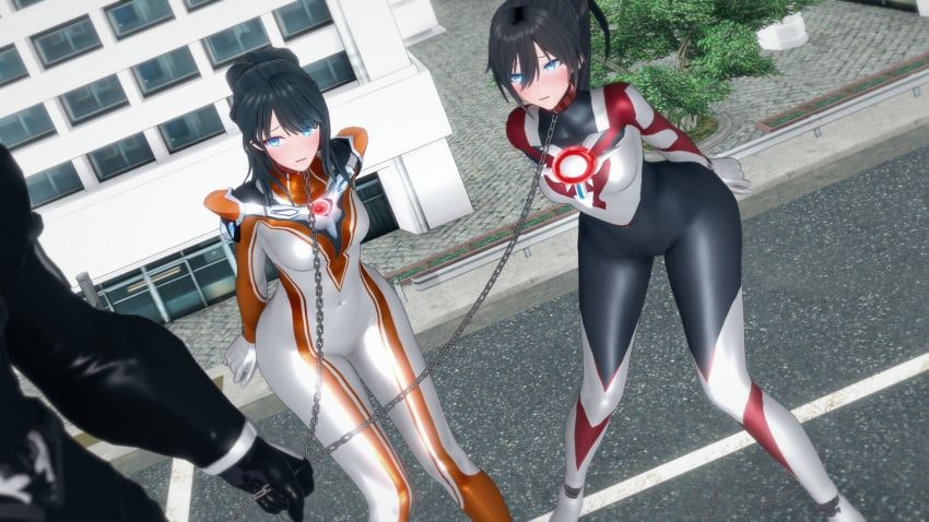 2girls 3d collar defeated defeated_heroine leash leash_and_collar leashed_female minato_asahi_(grigio) rule_63 ultraman_(franchise) ultraman_orb ultrawoman_grigio