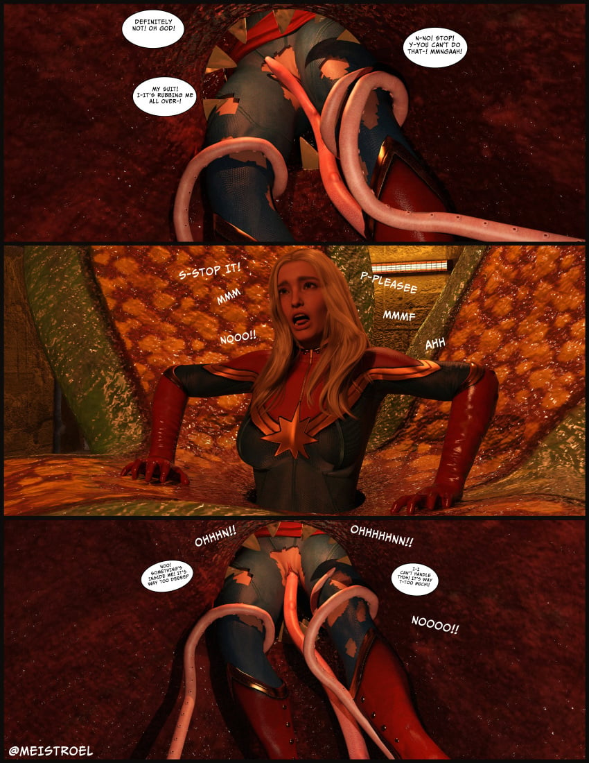 1girls absorption_vore blonde_female blonde_hair bodysuit captain_marvel captured_heroine carol_danvers choke_hold choking clothed clothes comic costume daz3d daz_studio eaten_then_fucked elmeistro helpless heroine heroine_in_trouble marvel marvel_comics monster overpowered pussy_rub rape restrained story superhero superheroine teasing tentacle tentacle_grab tentacle_monster tentacle_penetration tentacle_rape tentacle_sex text text_bubble tight_clothing