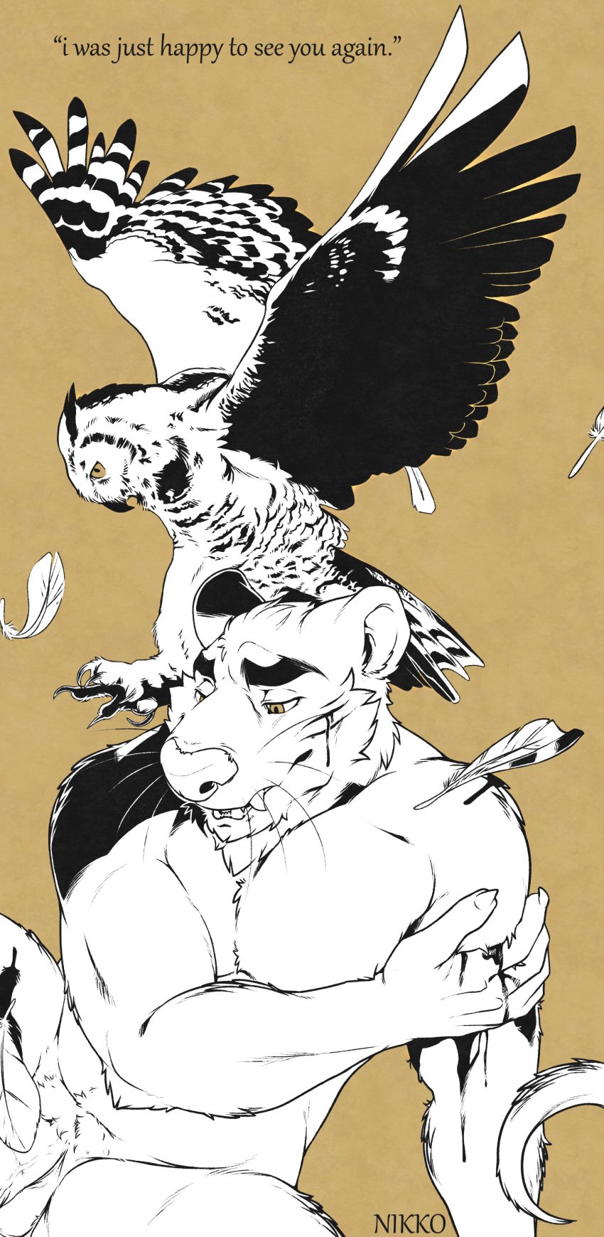 5_fingers absurd_res amber_eyes anthro avian bird black_and_white blood bodily_fluids burrows_(captain_nikko) captain_nikko duo english_text eyebrows feral fingers grey_(captain_nikko) hand_on_arm hi_res male mammal marsupial monochrome nude owl possum text thick_eyebrows whiskers