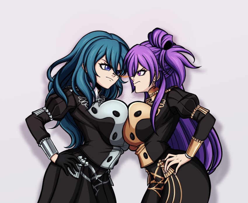 2girls angry blue_eyes breasts byleth_(fire_emblem) byleth_(fire_emblem)_(female) catfight female female_only fire_emblem fire_emblem:_three_houses fire_emblem_warriors:_three_hopes garreg_mach_monastery_uniform glaring hair_over_one_eye large_breasts lightning_stare long_hair multiple_girls nintendo purple_eyes purple_hair rivals scrimblocrimbo shez_(female)_(fire_emblem) shez_(fire_emblem) symmetrical_docking teal_hair very_long_hair