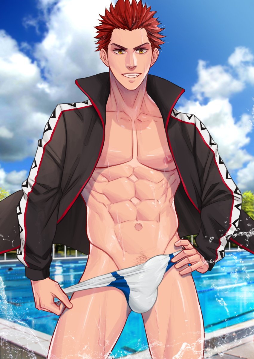 abs amber_eyes free! jacket male_only maorenc mikoshiba_seijuurou outside pool poolside red_hair solo_male speedo