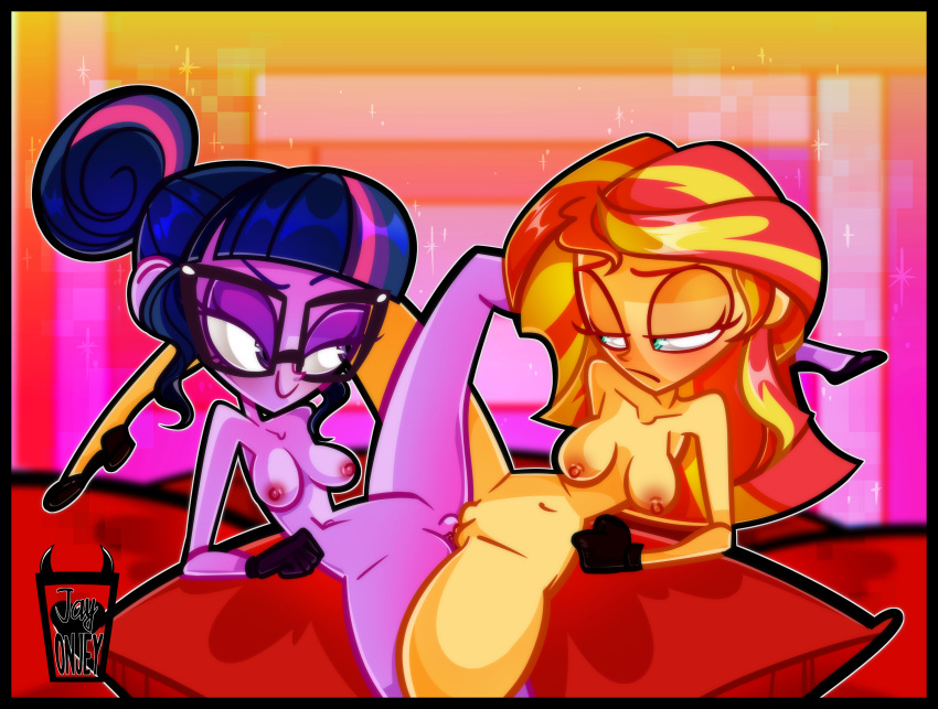 2018 2girls absurd_res artist_logo artist_name bedroom color commission digital_media_(artwork) equestria_girls female female_only glasses gloves green_eyes hasbro j-madeye medium_breasts multicolored_hair my_little_pony orange_skin pillow pink_highlights purple_eyes purple_hair purple_skin red_hair sci-twi shoes sunset_shimmer tribadism uncensored yellow_highlights yuri