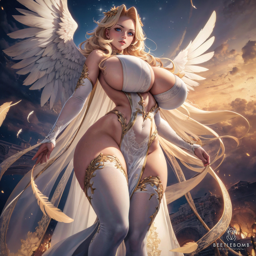 1girls ai_generated angel angel_wings beetlebomb blonde_hair blue_eyes blushing breasts curvaceous curvy curvy_body curvy_female curvy_figure dress feathered_wings feathers hair_ornament highres hourglass_figure large_breasts legwear long_hair looking_at_viewer looking_down milf navel original original_character seductive_look spread_wings stable_diffusion standing thick_thighs underboob viewed_from_below voluptuous voluptuous_female wide_hips