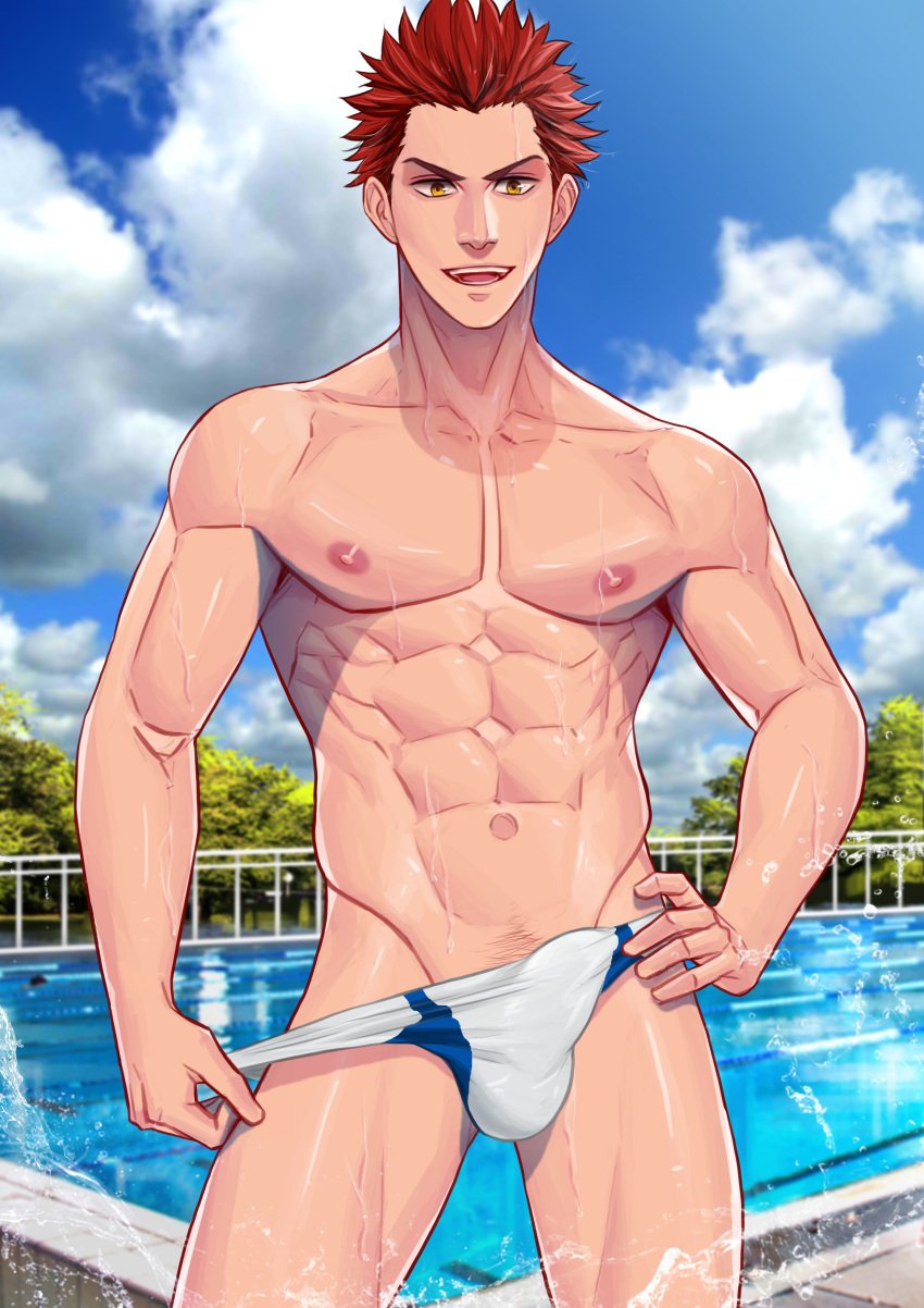 abs amber_eyes free! male_only maorenc mikoshiba_seijuurou outside pool poolside red_hair solo_male speedo