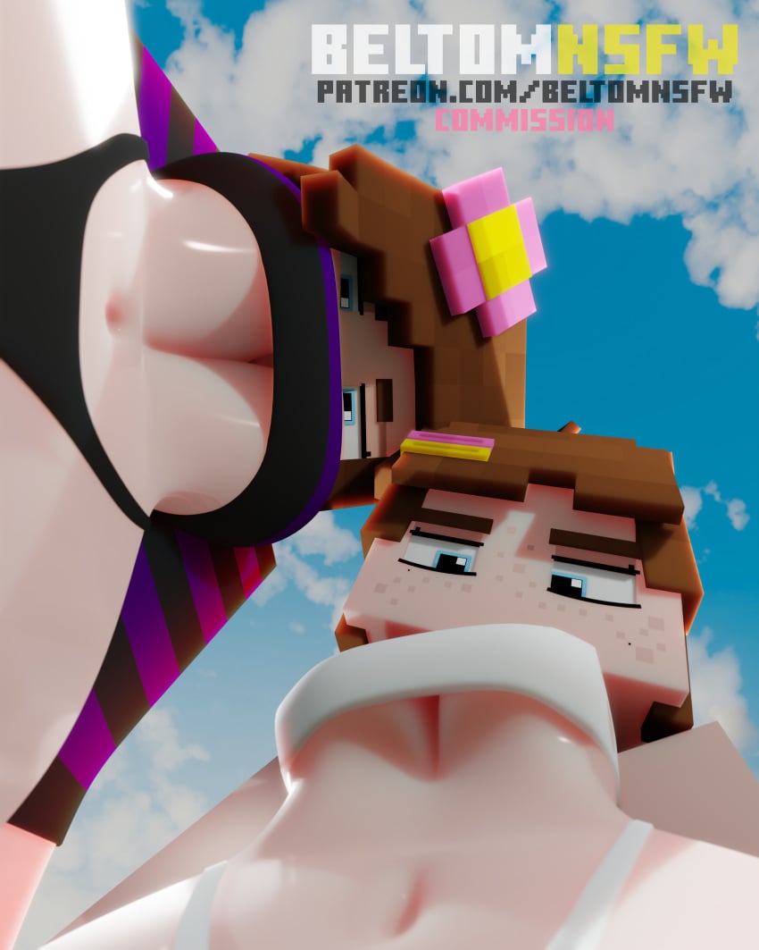 2girls 3d beltomnsfw big_breasts blue_eyes breasts brown_hair elli_(beltomnsfw) flower_in_hair horny_female human_female humanoid jenny_belle_(slipperyt) mine-imator minecraft outside tagme underboob underwear