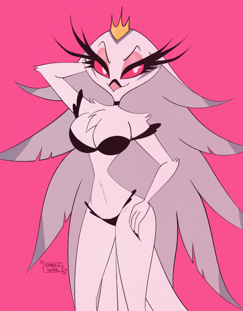 anthro avian avian_demon beak big_breasts bikini bird breasts claws clothed clothing crown demon feathers female fur helluva_boss hi_res mature_female milf partially_clothed simple_background smile solo sparklegoosy stella_(helluva_boss) swimwear thick_thighs white_body white_feathers