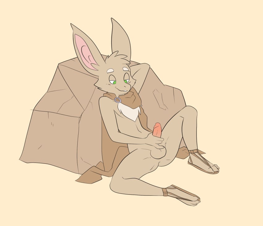 2023 anthro balls bat big_ears cape clothing footwear genitals green_eyes hi_res male mammal masturbation metal_(artist) penis rock sandals sitting solo turo_of_akesh