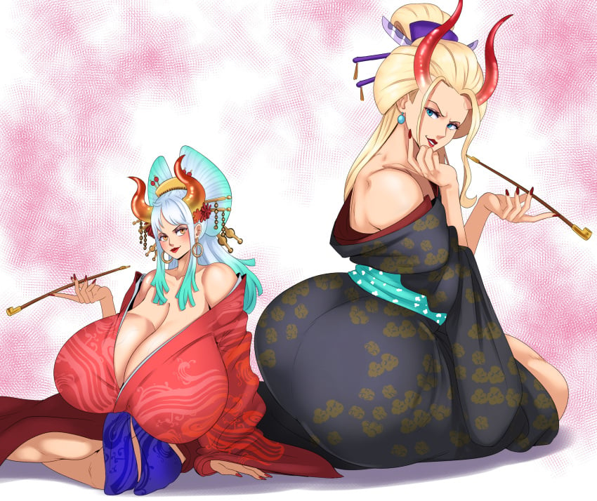 2girls ass ass_in_dress bare_shoulders beast_pirates big_ass big_breasts big_butt black_maria blonde_hair blue_eyes breasts breasts_bigger_than_head breasts_bigger_than_torso cleavage clothed clothing female female_only horn horns kiseru large_ass large_breasts looking_at_viewer looking_back nihongami oiran one_piece oni oni_female oni_horns red_lipstick shounen_jump simple_background size_difference smile sunnysundown veiny_breasts voluptuous white_background yamato_(one_piece) youkai