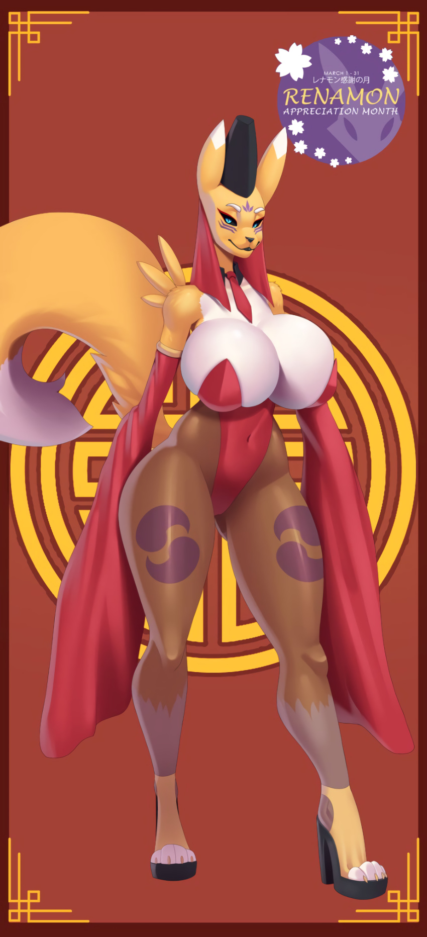 4_toes anthro background bandai_namco big_breasts black_sclera blue_eyes chinese clothed digimon doomthewolf facial_markings female hat hi_res high_heels highres leotard pinup red_clothing smile solo tail taomon tie two_tone_fur yellow_fur