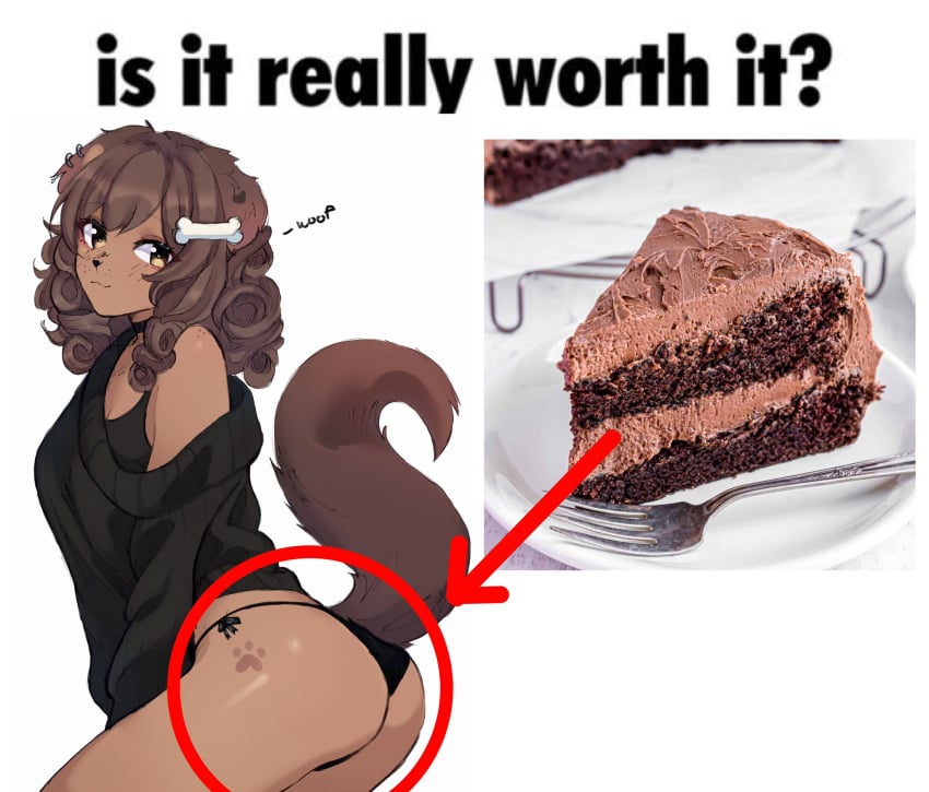 1girls anthro anthro_only ass black_clothing black_panties black_underwear brown_body brown_fur brown_hair cake canid canine canis clothed clothing dessert domestic_dog english_text female food fur furry_only hair hi_res looking_at_viewer mammal panties puppyypawss puppyypawss_(artist) skimpy smile smiling_at_viewer solo sweater text topwear underwear