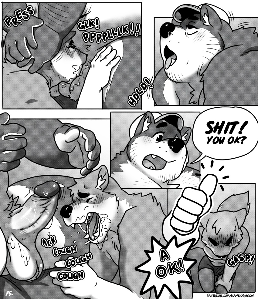 2021 absurd_res age_difference anthro asphyxiation balls_deep belly big_belly big_dom_small_sub bodily_fluids boss boss_and_employee bossman_(kamudragon) canid canine canis choking choking_on_penis comic cum cum_in_mouth cum_inside deep_throat dialogue domestic_dog dominant duo employee_(kamudragon) english_text erection fellatio genital_fluids hi_res irrumatio kamudragon larger_male looking_pleasured male male/male mammal mature_male monochrome multiple_scenes oral oral_penetration orgasm orgasm_face out_of_breath overweight overweight_male penetration penile penile_penetration profanity sex size_difference smaller_male sucked_silly text tongue tongue_out unprofessional_behavior wolf