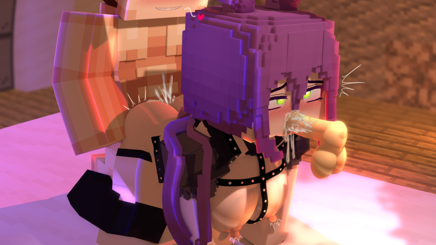 1girls 2boys bunny_ears cum cum_in_mouth cum_in_pussy cum_inside green_eyes hard_nipples mine-imator minecraft mira_(miramiusaga) miusaga1987 nipple_bulge nipples purple_hair spitroast stockings super_twit_(supertwit) tagme tattoo