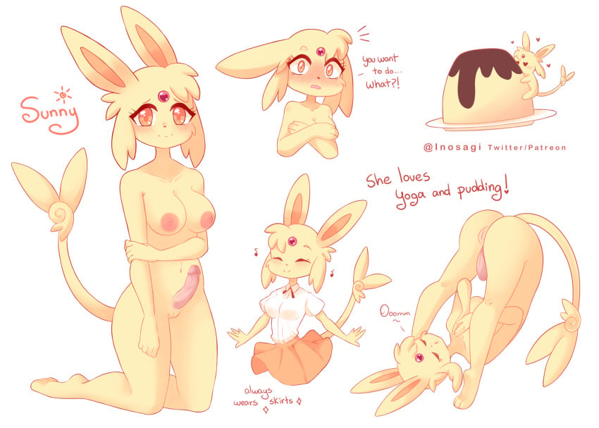 anthro ass blonde_hair blouse bottomwear breasts clothed clothing dessert eeveelution espeon food fur generation_2_pokemon genitals hair herm hi_res inosagi intersex nintendo nude penis pokemon pokemon_(species) pudding pussy skirt solo topwear yellow_body yellow_fur yoga