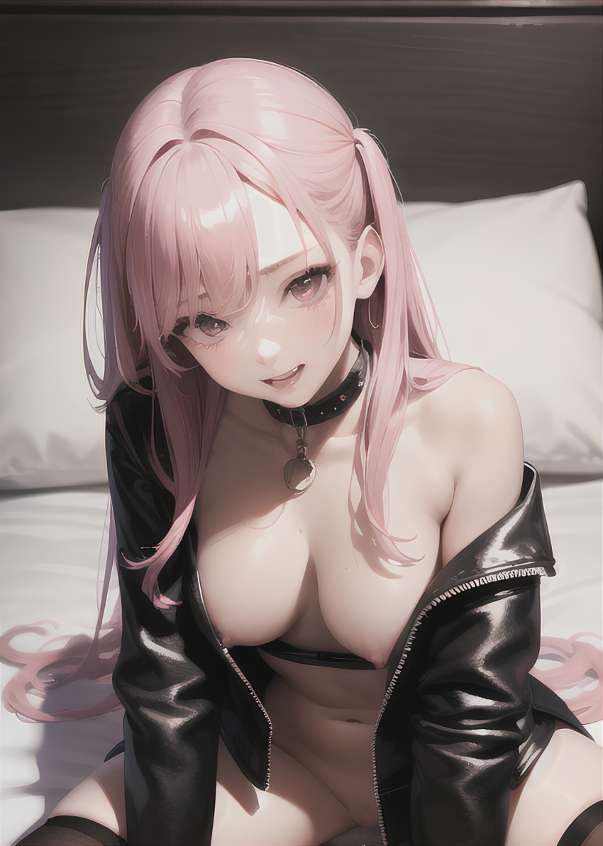 1girls absurdres ai_generated bed bed_sheet breasts collar covered_nipples female female_only happy highres jacket jirai_kei leather leather_jacket long_hair medium_breasts nipples non-web_source original pink_eyes pink_hair pussy pussy_juice solo stable_diffusion thighhighs