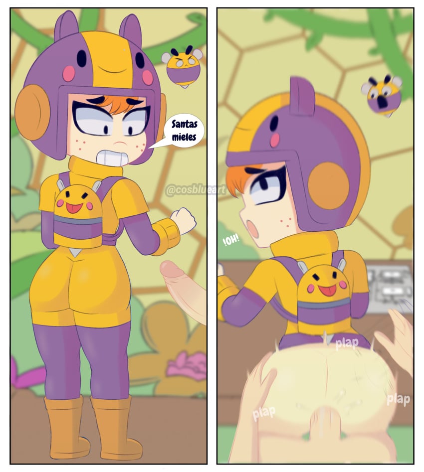 anal anal_sex ass ass_grab backpack bea_(brawl_stars) bee bee_girl big_ass big_penis boots brawl_stars butt_grab cosblueart female helmet penis_in_ass spanish_text spanking spanking_ass spanking_butt table table_sex thighs