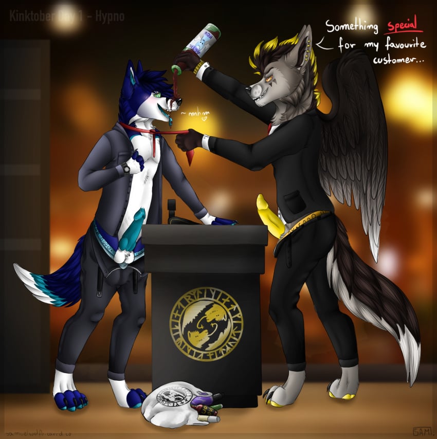 aardwolf alcohol alcoholic_drink anthro balls beverage bottomwear canid canine canis character_request chik0 clothed clothing digital_media_(artwork) drinking dripping drunk drunk_sex duo english_text erection fox fur genitals hi_res hyena hypnosis hypnotic_eyes knot looking_at_another male male/male mammal mind_control necktie original original_character original_characters pants penis poking_out pulling pulling_pants_down samuelwolfo simple_background slyepoi smile standing substance_intoxication tenting text tongue tongue_out undressed undressing undressing_partner undressing_self wings wolf