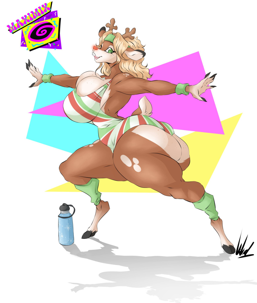 1girls 2d absurd_res anthro armband ass big_ass big_breasts breasts bubble_butt buckteeth clothing color deer deer_legs deltarune dialogue doe dullvivid english english_text female female_anthro female_only fur furry furry_female green_armband green_legband hi_res huge_ass large_ass large_breasts legband looking_at_viewer looking_to_the_side mouth_open no_sex noelle_holiday one-piece_swimsuit open_hand outstretched_arms shaded simple_background solo solo_female subtitled tail tan_fur text undertale_(series) vhs_artifacts vhs_filter warrior_2_(pose) yoga yoga_pose