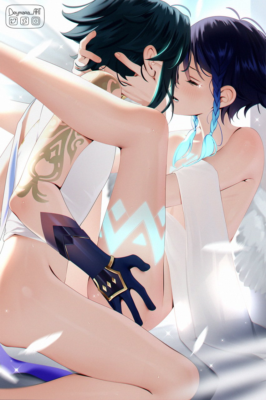 2boys anal androgynous aqua_hair arm_tattoo black_gloves black_hair bottomless braid chest_tattoo closed_eyes deymara femboy gay genshin_impact girly gloves glowing glowing_hair glowing_tattoo gradient_hair hands_on_another's_neck highres imminent_kiss leg_tattoo male_focus male_only multicolored_hair multiple_boys sex short_hair_with_long_locks tattoo twin_braids venti_(genshin_impact) xiao_(genshin_impact) yaoi