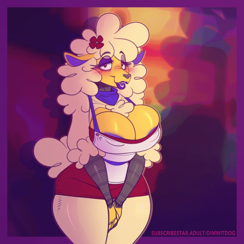 1girls animated animatronic anthro areola_slip big_areola big_breasts big_nipples blush breasts cleavage clothed clothing dark_nipples dialogue dimwitdog english_text female female_only furry furry_only large_breasts long_hair looking_at_viewer nipple_bulge open_mouth purple_nipples sha_(the_walten_files) sheep smile solo text the_walten_files thick_thighs voluptuous wide_hips